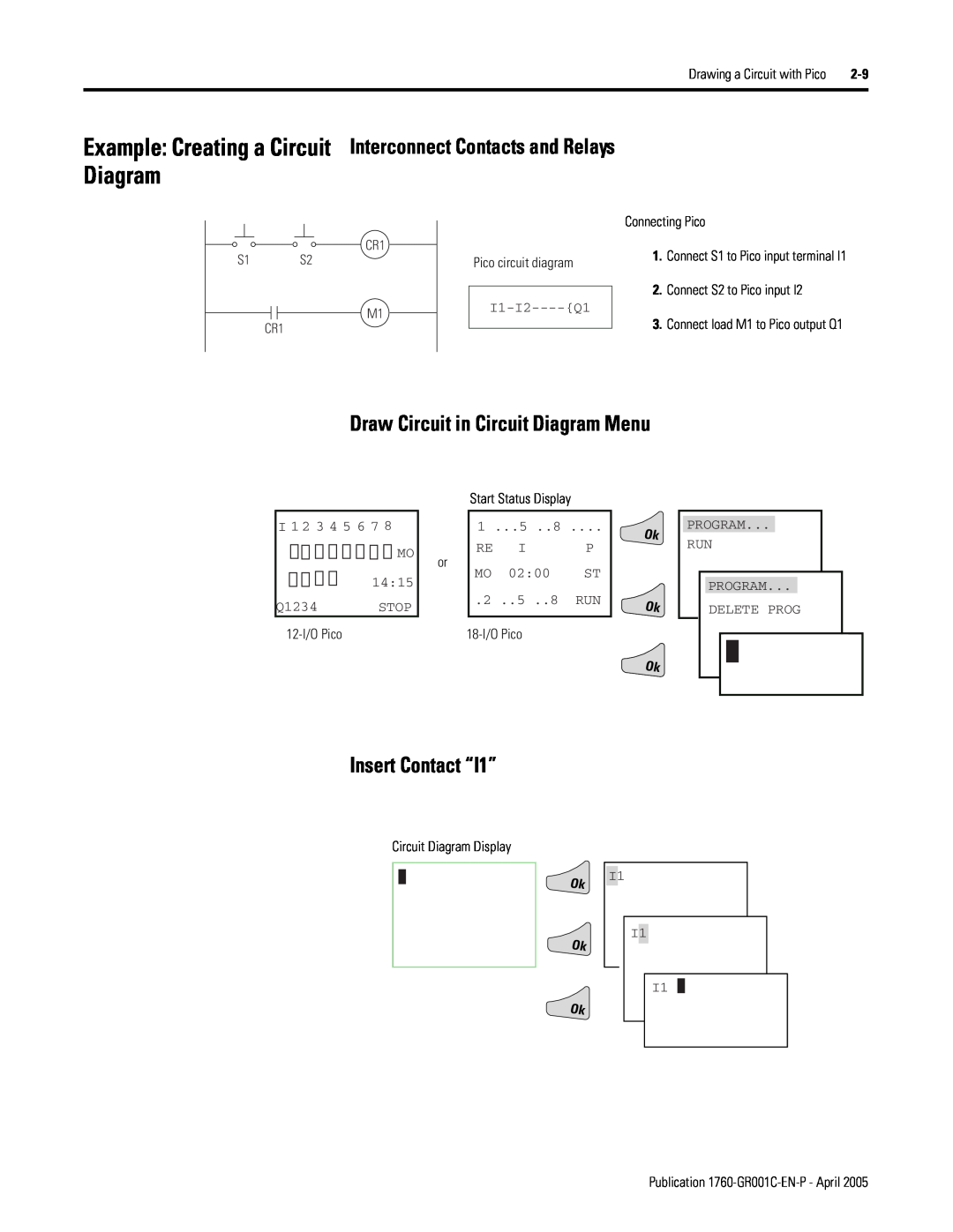 AB Soft 1760 manual Example Creating a Circuit Interconnect Contacts and Relays, Draw Circuit in Circuit Diagram Menu 