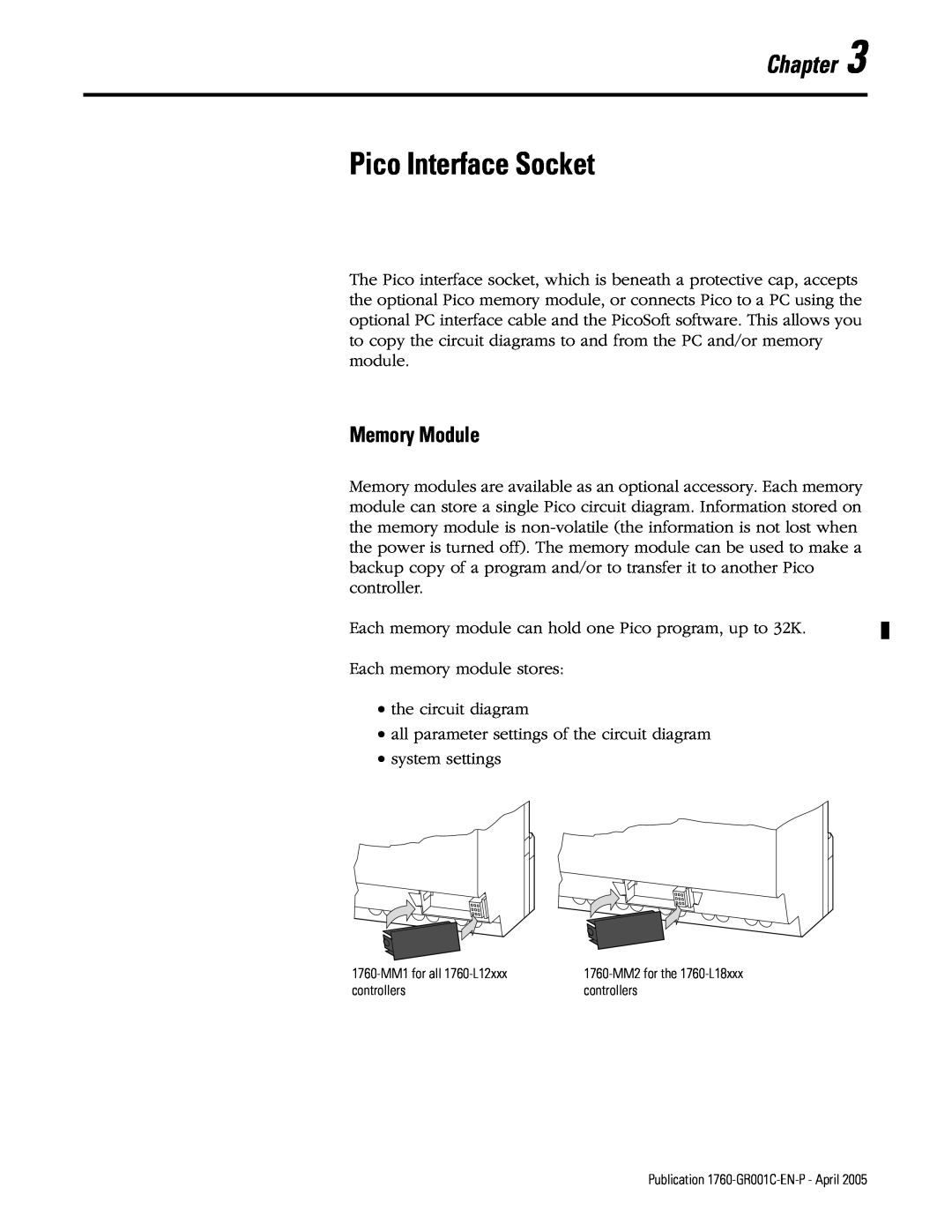 AB Soft 1760 manual Pico Interface Socket, Memory Module, Chapter 