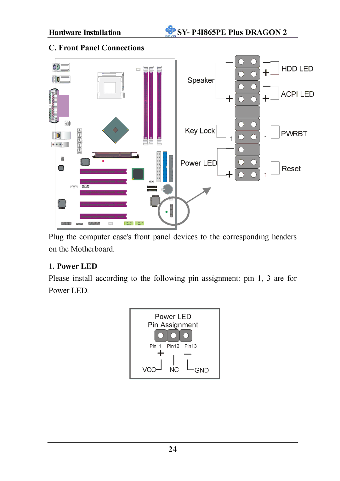 AB Soft ATX 12V user manual Hardware Installation, SY- P4I865PE Plus Dragon, Front Panel Connections, Power LED 