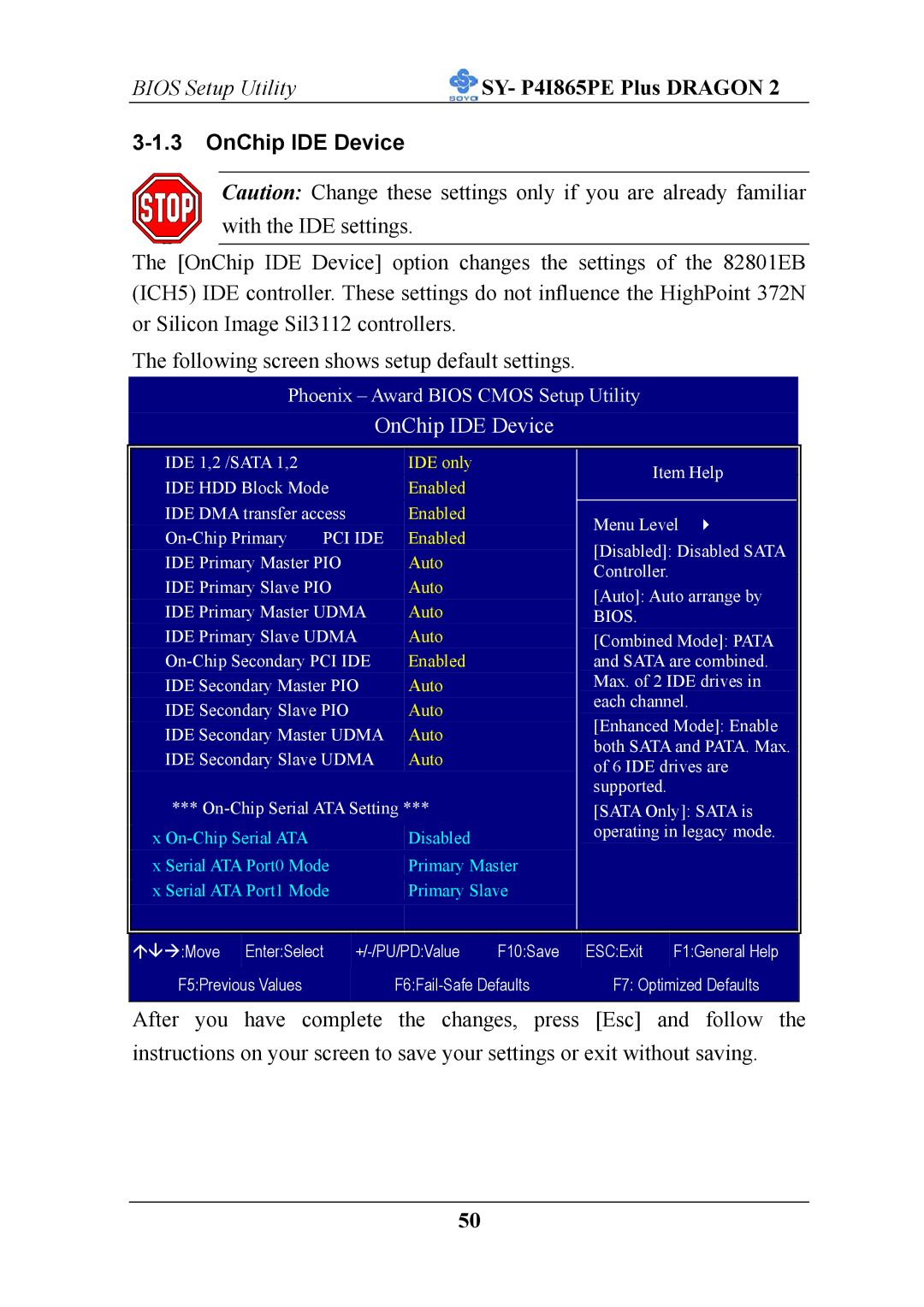 AB Soft ATX 12V user manual Bios Setup Utility SY- P4I865PE Plus Dragon, OnChip IDE Device 