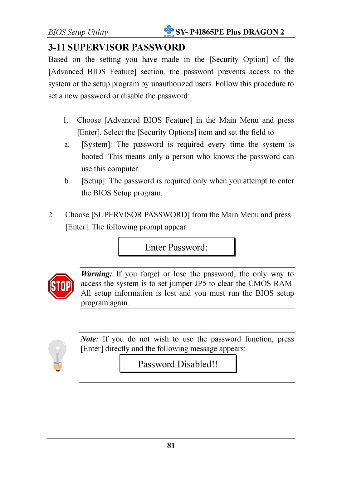 AB Soft ATX 12V user manual Supervisor Password, Enter Password Password Disabled 