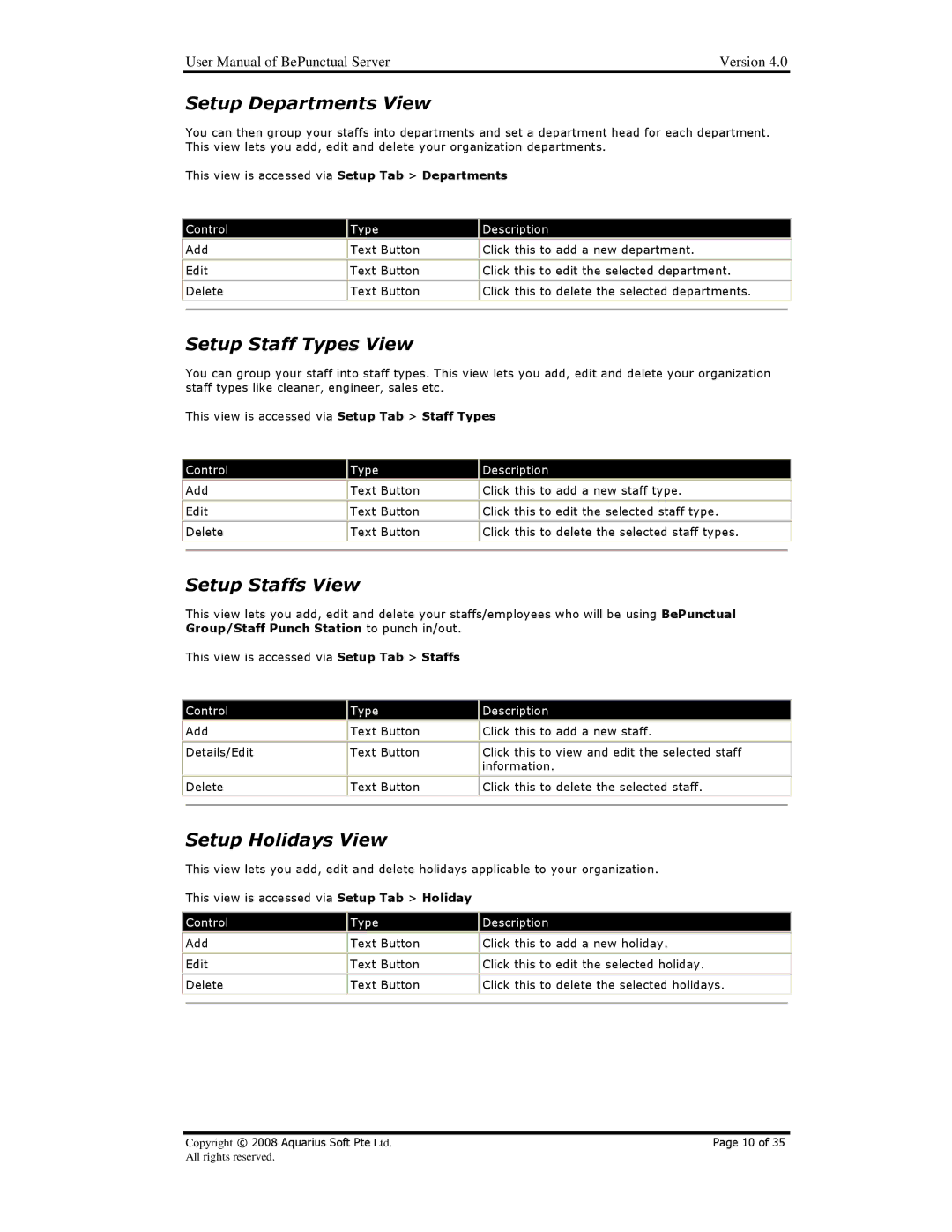 AB Soft BePunctual user manual Setup Departments View, Setup Staff Types View, Setup Staffs View, Setup Holidays View 