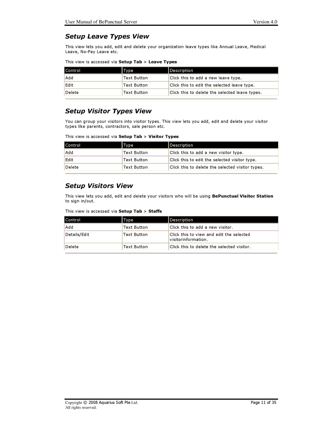 AB Soft BePunctual user manual Setup Leave Types View, Setup Visitor Types View, Setup Visitors View 