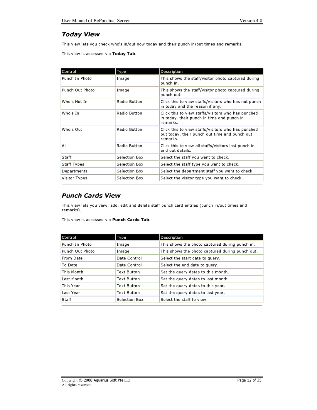 AB Soft BePunctual user manual Today View, Punch Cards View 