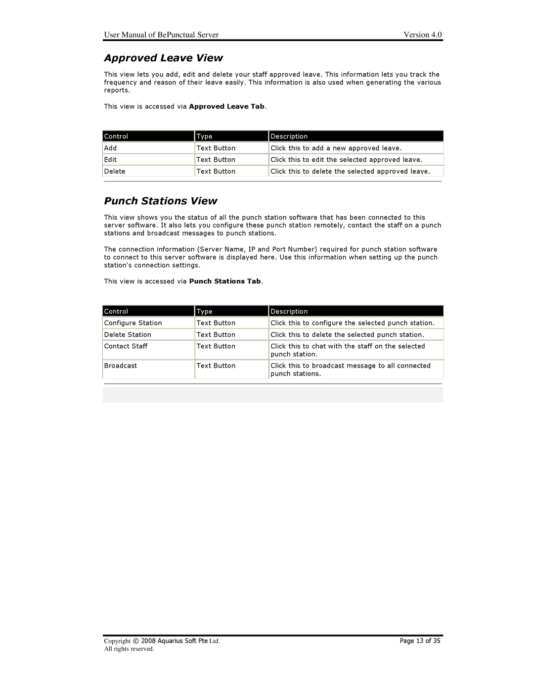 AB Soft BePunctual user manual Approved Leave View, Punch Stations View 