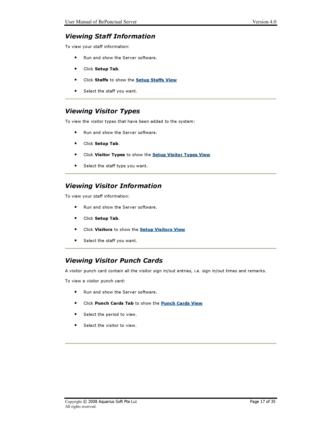 AB Soft BePunctual user manual Viewing Staff Information, Viewing Visitor Types, Viewing Visitor Information 