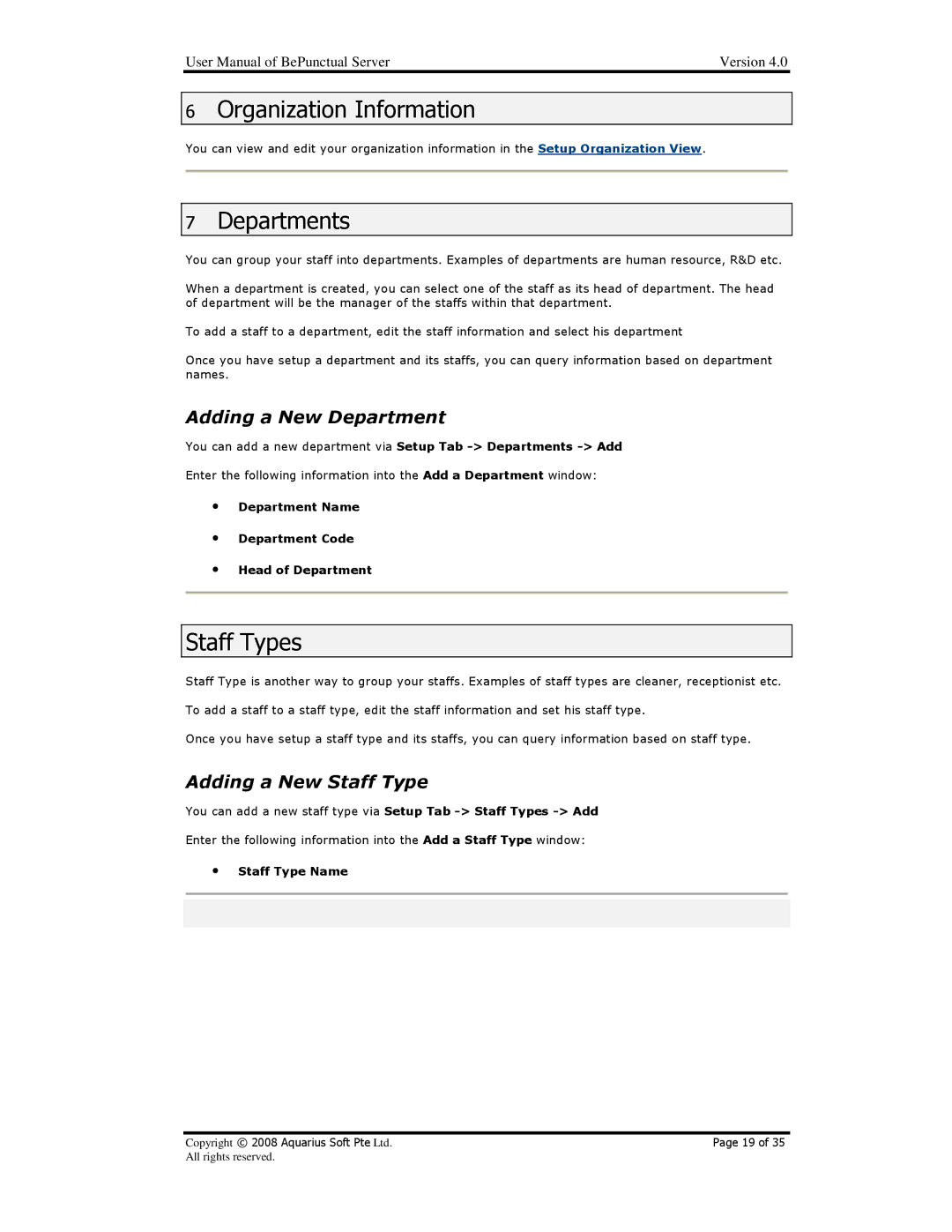 AB Soft BePunctual Organization Information, Departments, Staff Types, Adding a New Department, Adding a New Staff Type 