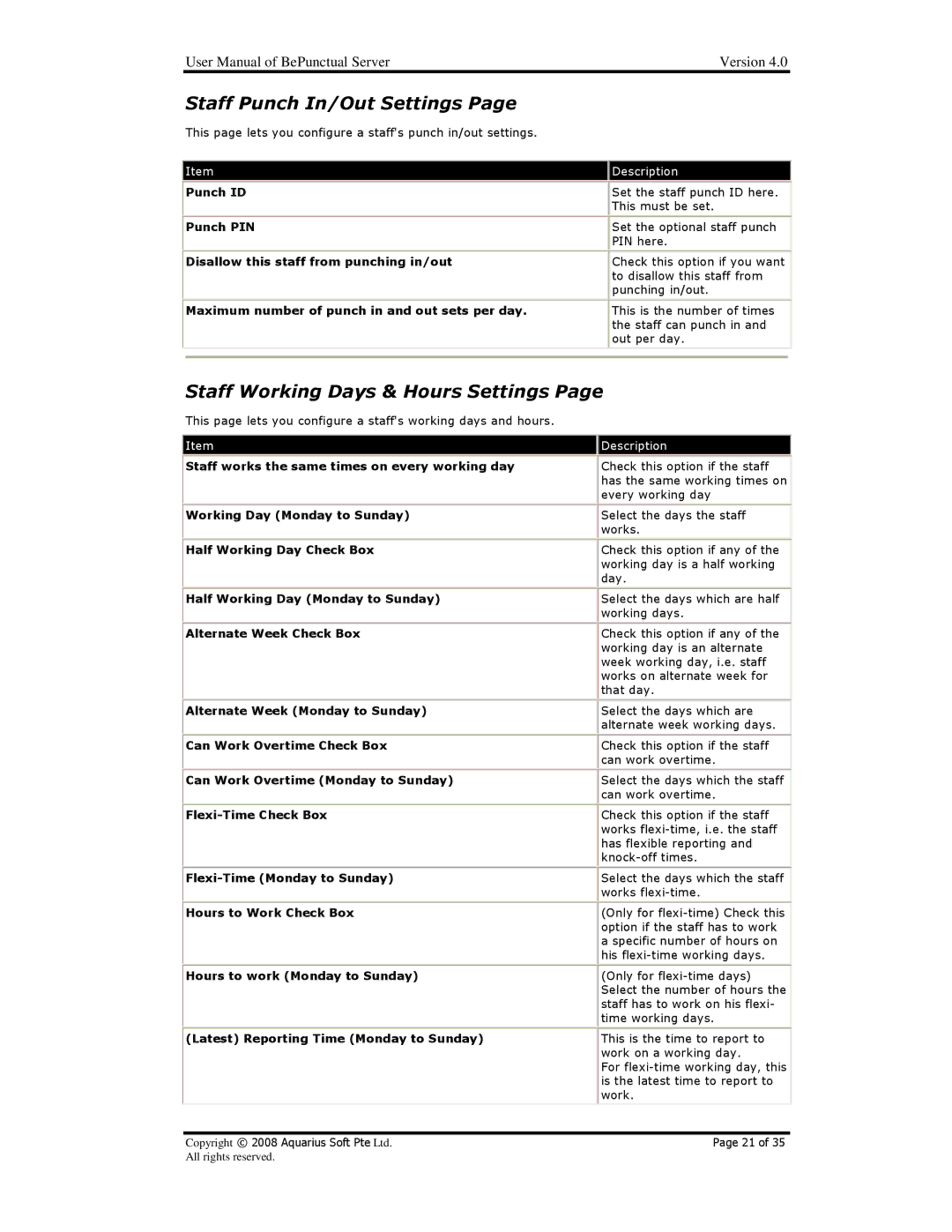 AB Soft BePunctual user manual Staff Punch In/Out Settings, Staff Working Days & Hours Settings 