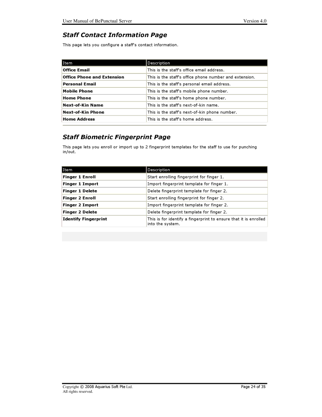 AB Soft BePunctual user manual Staff Contact Information, Staff Biometric Fingerprint 