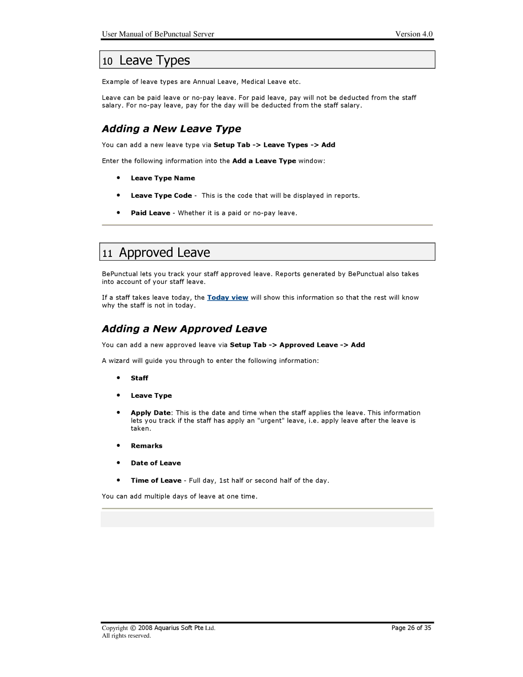 AB Soft BePunctual user manual Leave Types, Adding a New Leave Type, Adding a New Approved Leave 