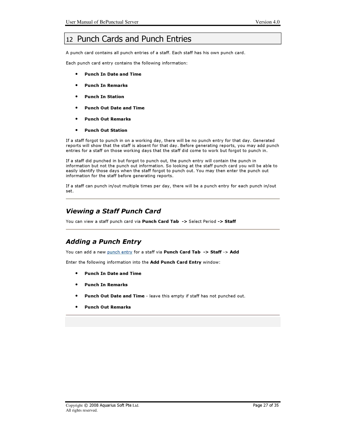 AB Soft BePunctual user manual Punch Cards and Punch Entries, Viewing a Staff Punch Card, Adding a Punch Entry 