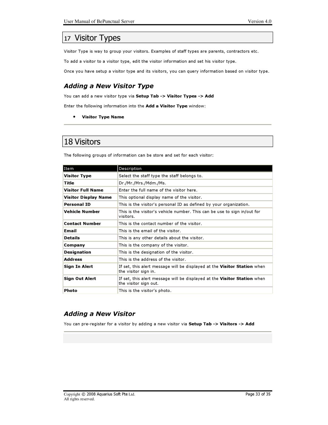 AB Soft BePunctual user manual Visitor Types, Visitors, Adding a New Visitor Type 