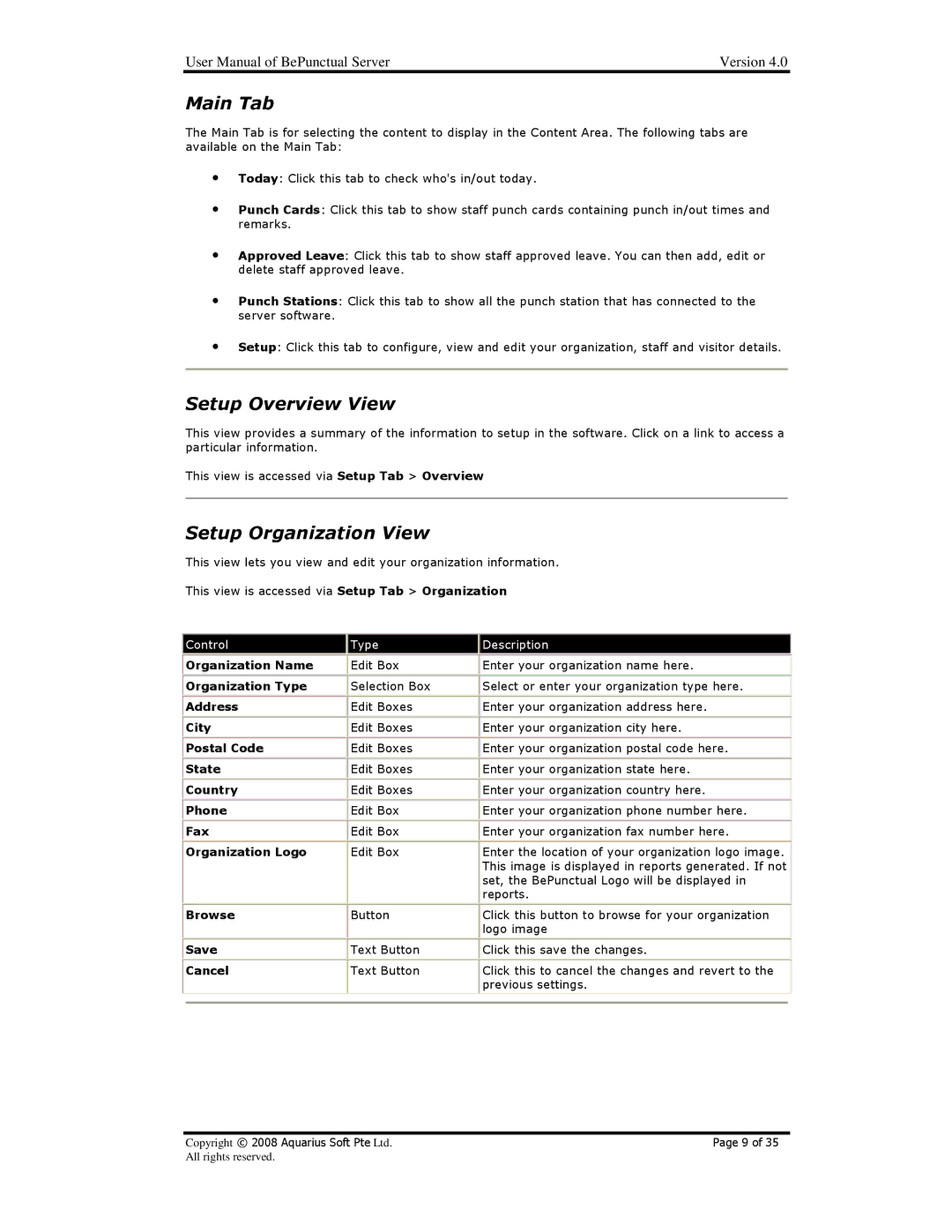 AB Soft BePunctual user manual Main Tab, Setup Overview View, Setup Organization View 