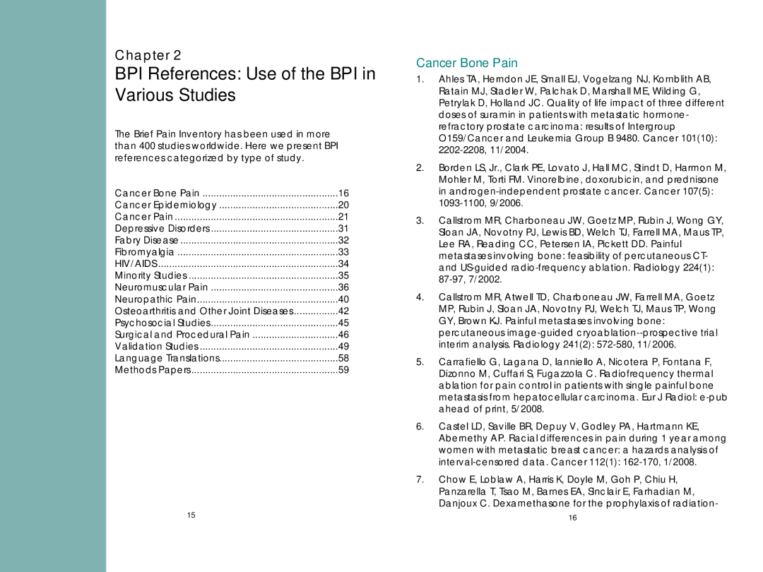 AB Soft ii manual BPI References Use of the BPI in Various Studies, Cancer Bone Pain 