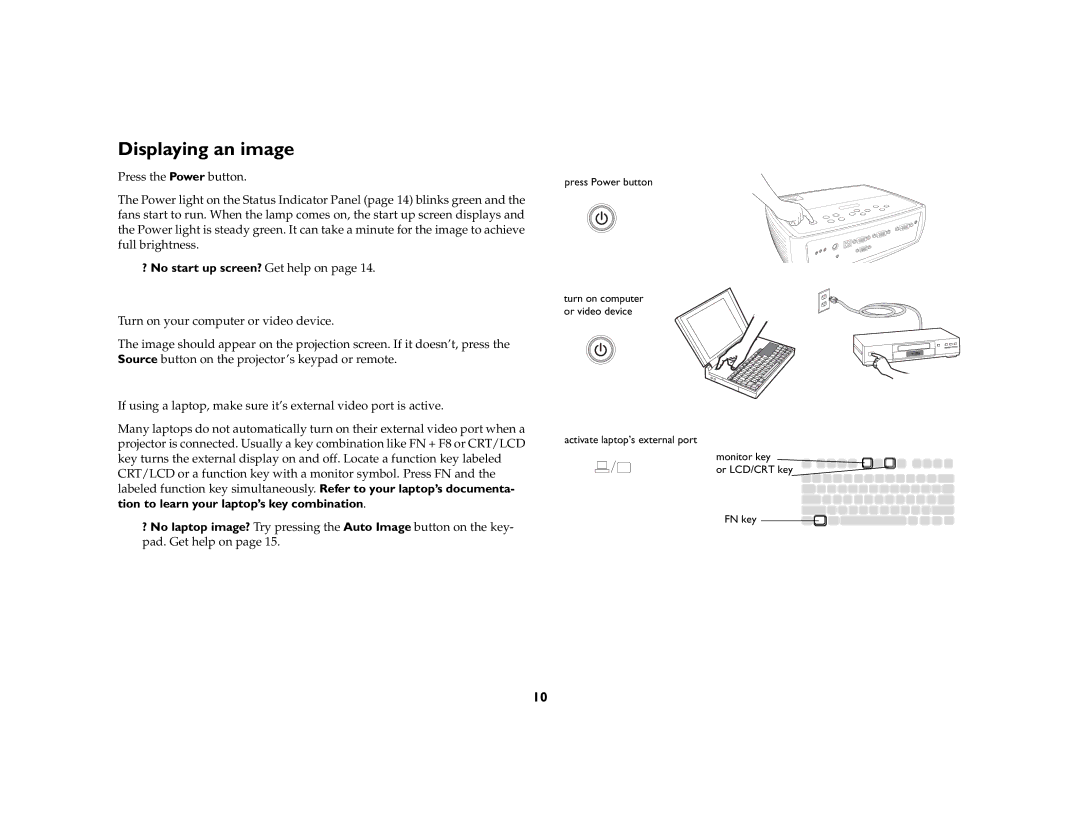 AB Soft IN2102, IN2104, IN2106 manual Displaying an image, ? No start up screen? Get help on 