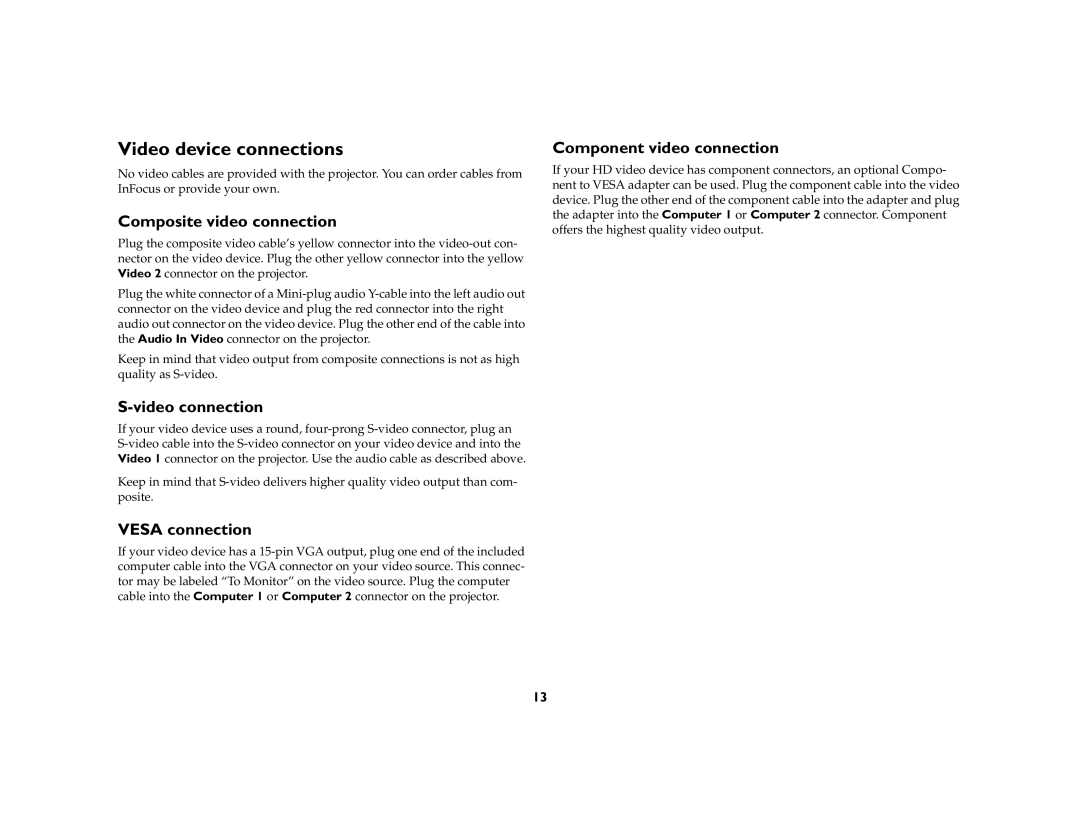 AB Soft IN2102, IN2104, IN2106 manual Video device connections, Composite video connection, Video connection, Vesa connection 