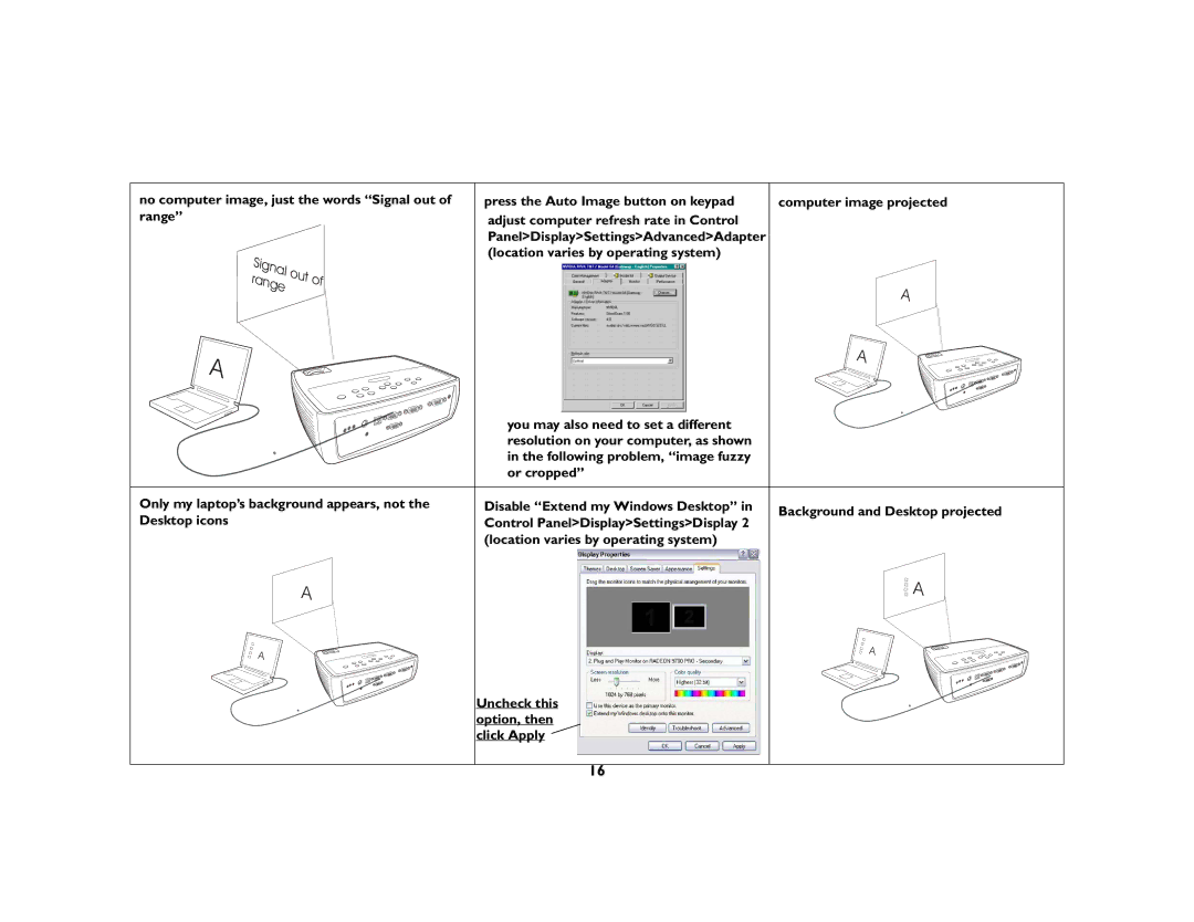 AB Soft IN2102, IN2104, IN2106 No computer image, just the words Signal out of range, Press the Auto Image button on keypad 