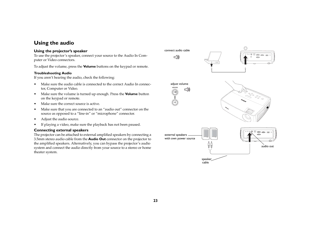 AB Soft IN2104, IN2106 Using the audio, Using the projector’s speaker, Connecting external speakers, Troubleshooting Audio 