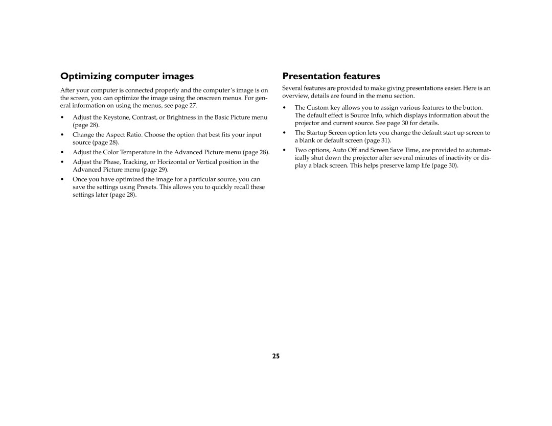 AB Soft IN2102, IN2104, IN2106 manual Optimizing computer images, Presentation features 