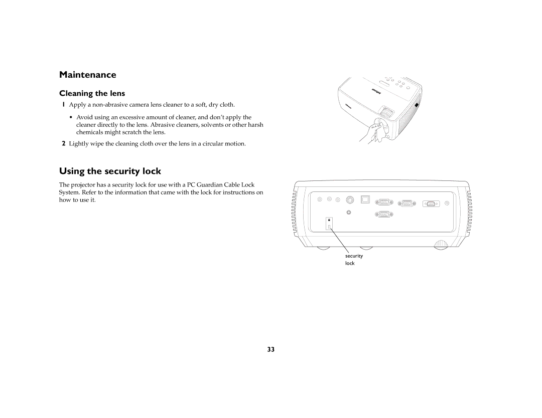 AB Soft IN2106, IN2104, IN2102 manual Maintenance, Using the security lock, Cleaning the lens 