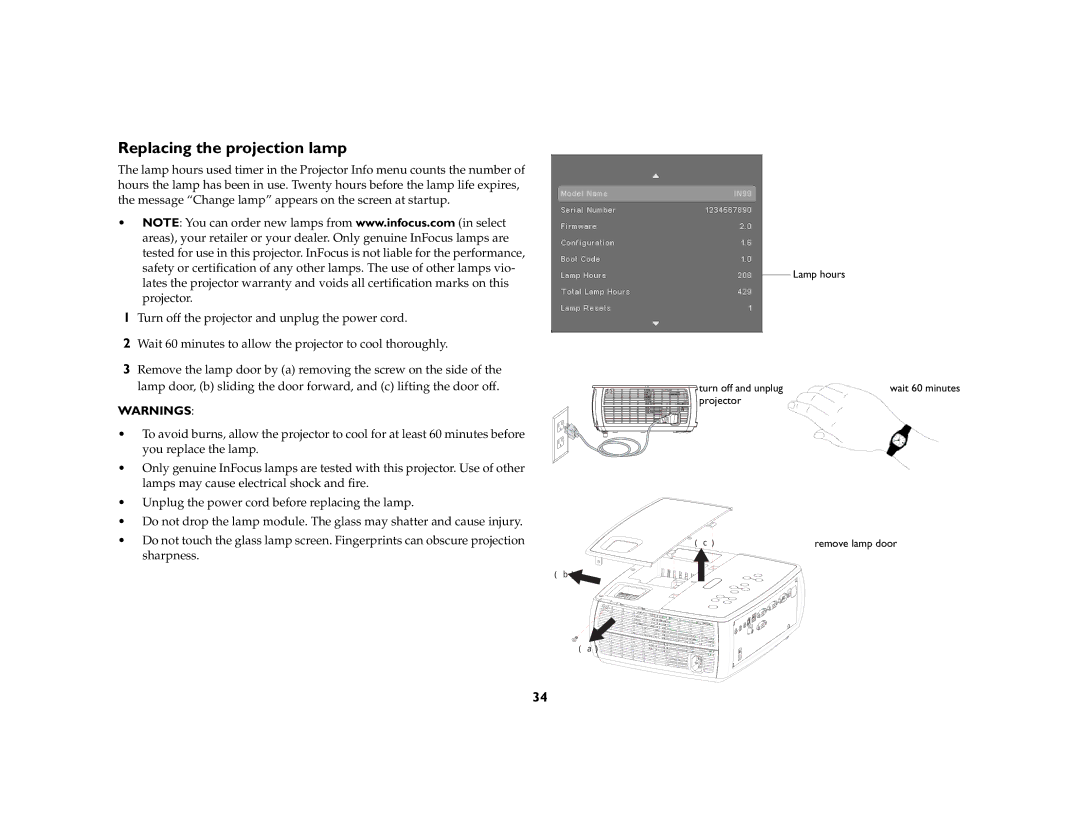 AB Soft IN2102, IN2104, IN2106 manual Replacing the projection lamp 