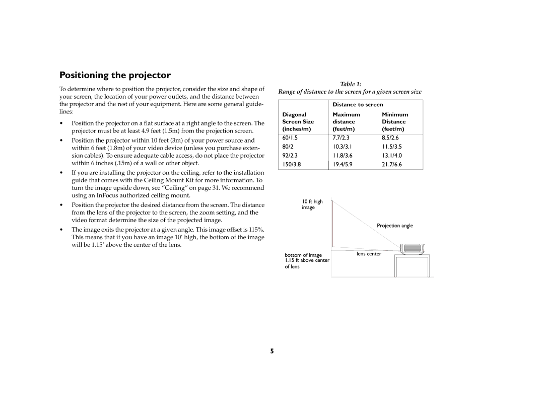 AB Soft IN2104, IN2106, IN2102 manual Positioning the projector, Range of distance to the screen for a given screen size 