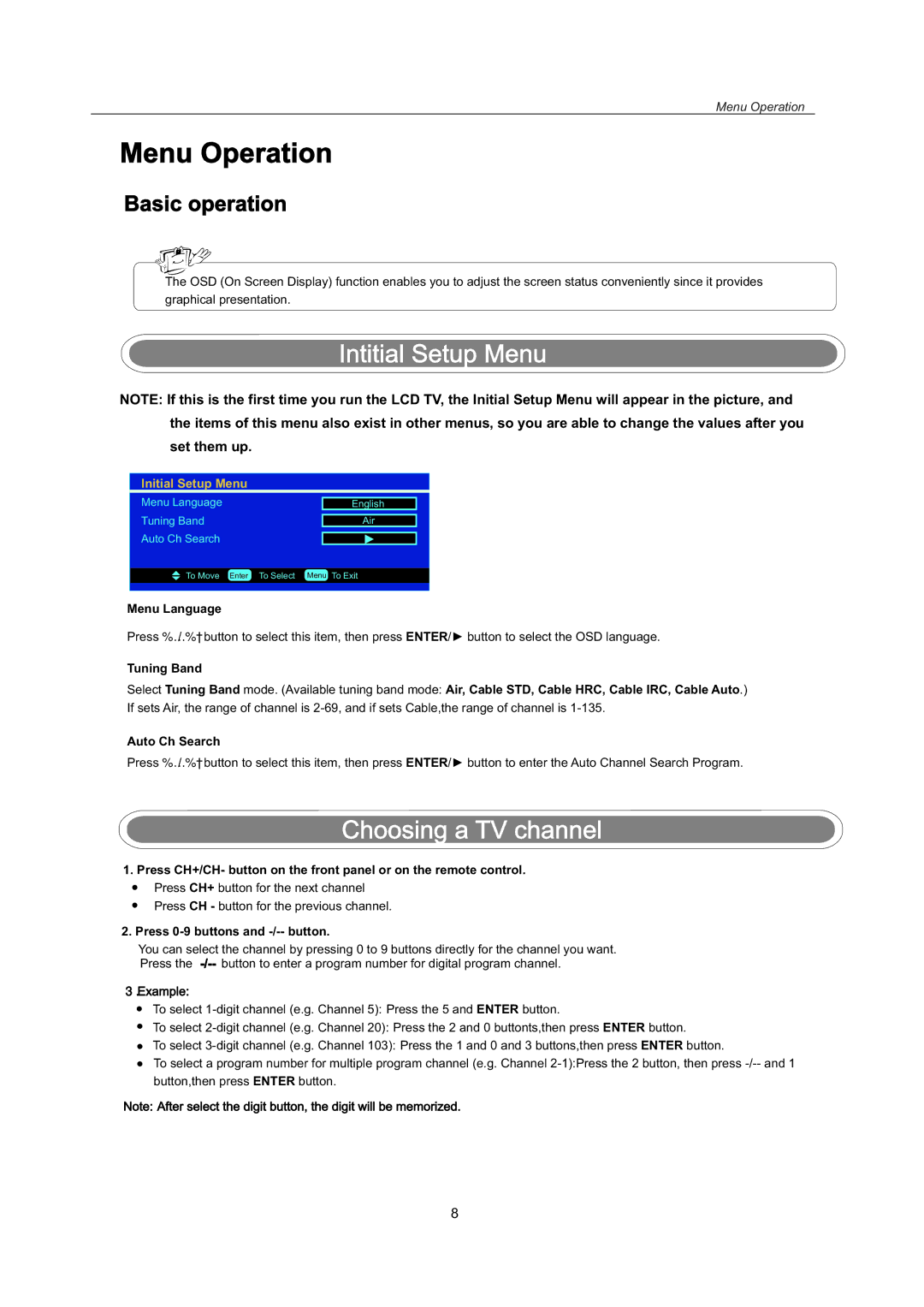 AB Soft LCDVD151A manual Basic operation, Menu Language, Press 0-9 buttons and -/-- button, Example 