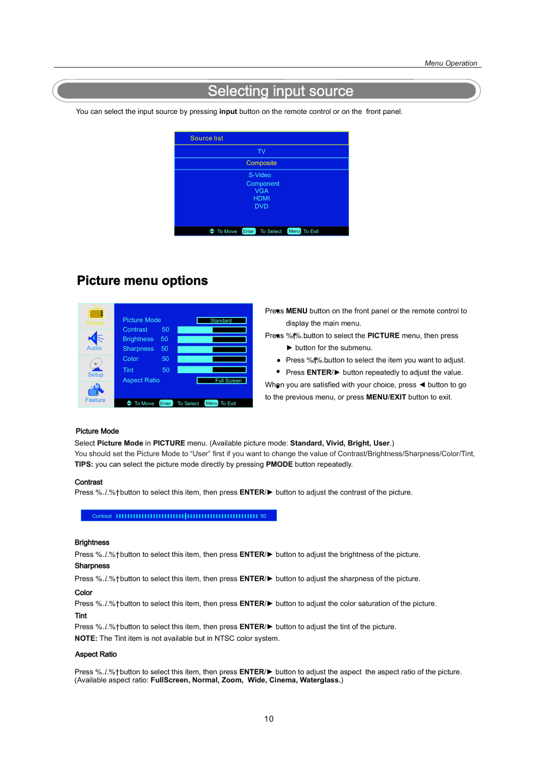 AB Soft LCDVD151A manual Picture menu options 