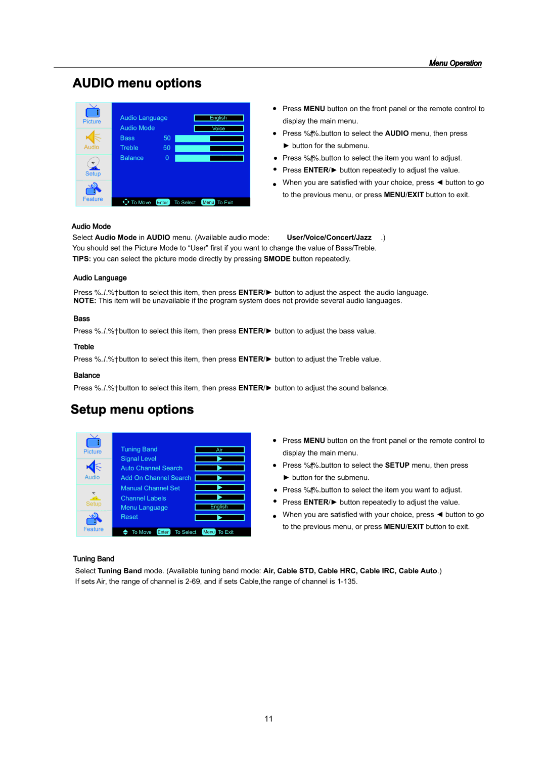 AB Soft LCDVD151A manual Audio menu options, Setup menu options 