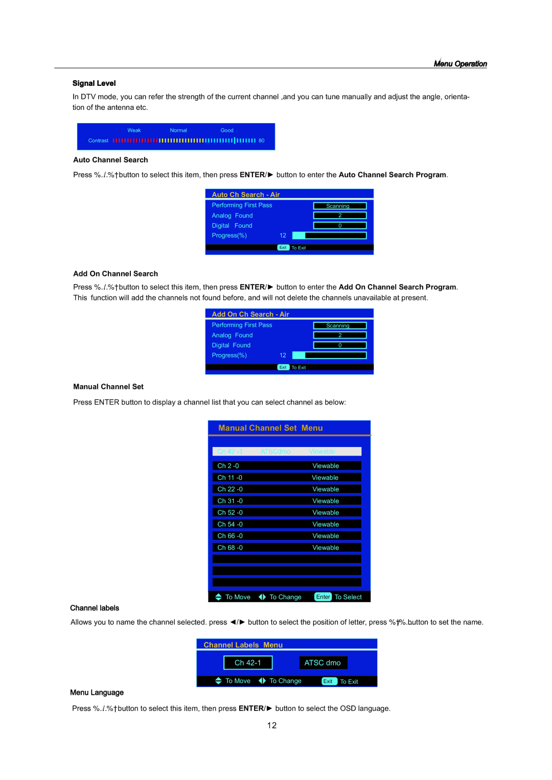 AB Soft LCDVD151A manual Signal Level, Auto Channel Search, Add On Channel Search, Manual Channel Set, Channel labels 