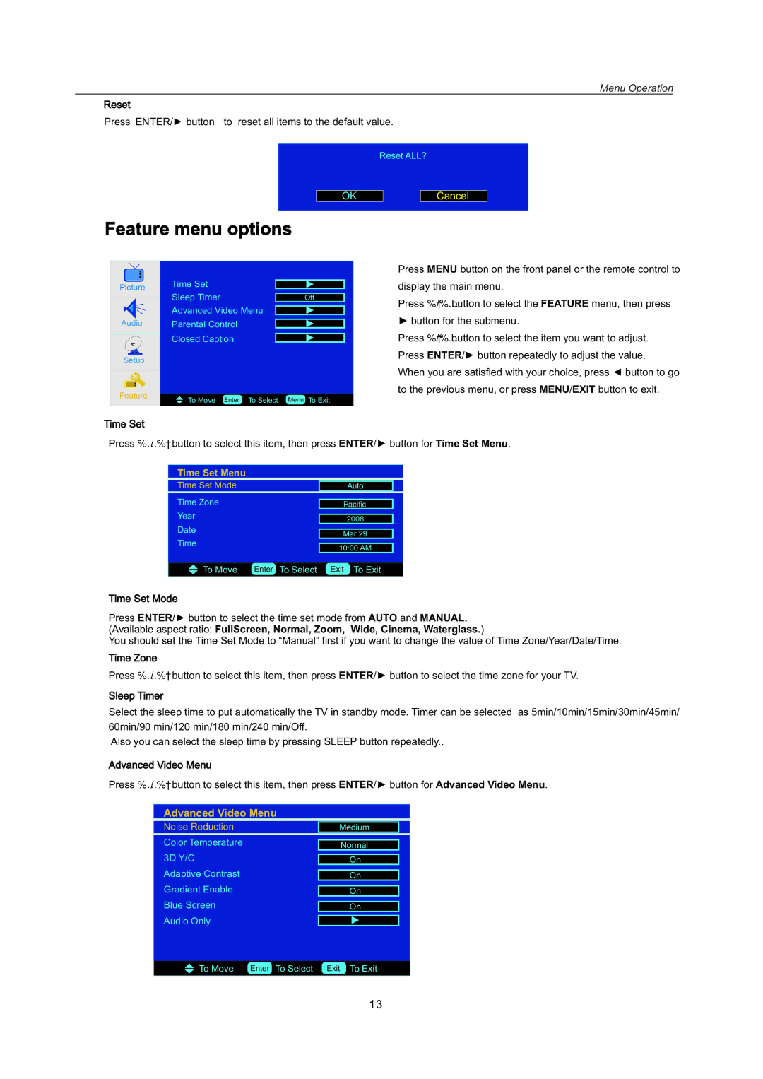 AB Soft LCDVD151A manual Feature menu options 