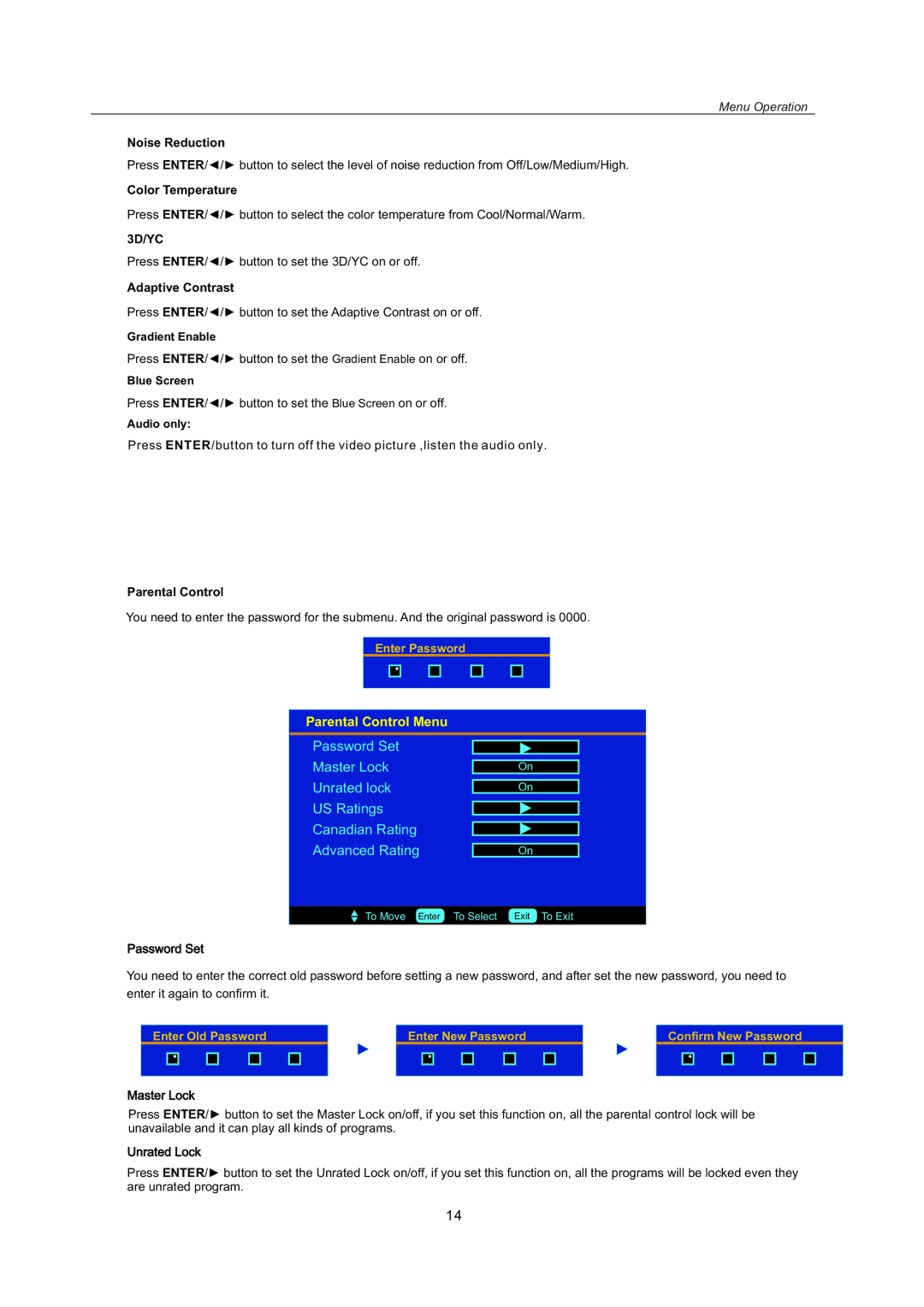 AB Soft LCDVD151A manual Noise Reduction, Color Temperature, Adaptive Contrast, Parental Control, Password Set, Master Lock 