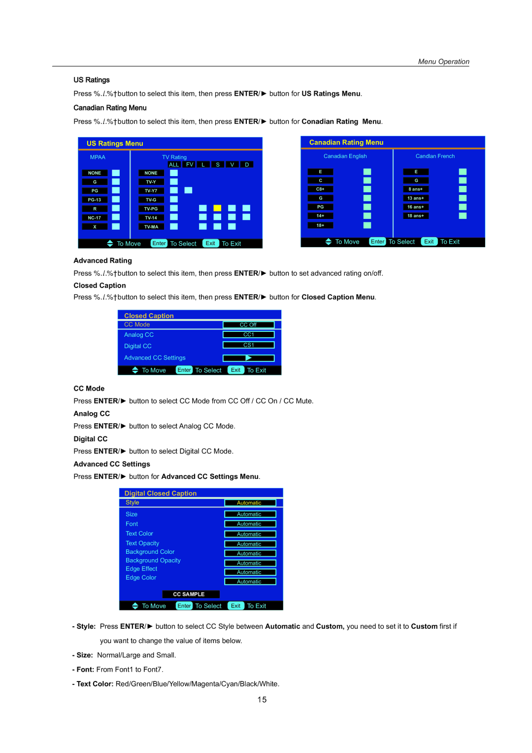 AB Soft LCDVD151A manual US Ratings, Canadian Rating Menu, Advanced Rating, Closed Caption, CC Mode, Analog CC, Digital CC 