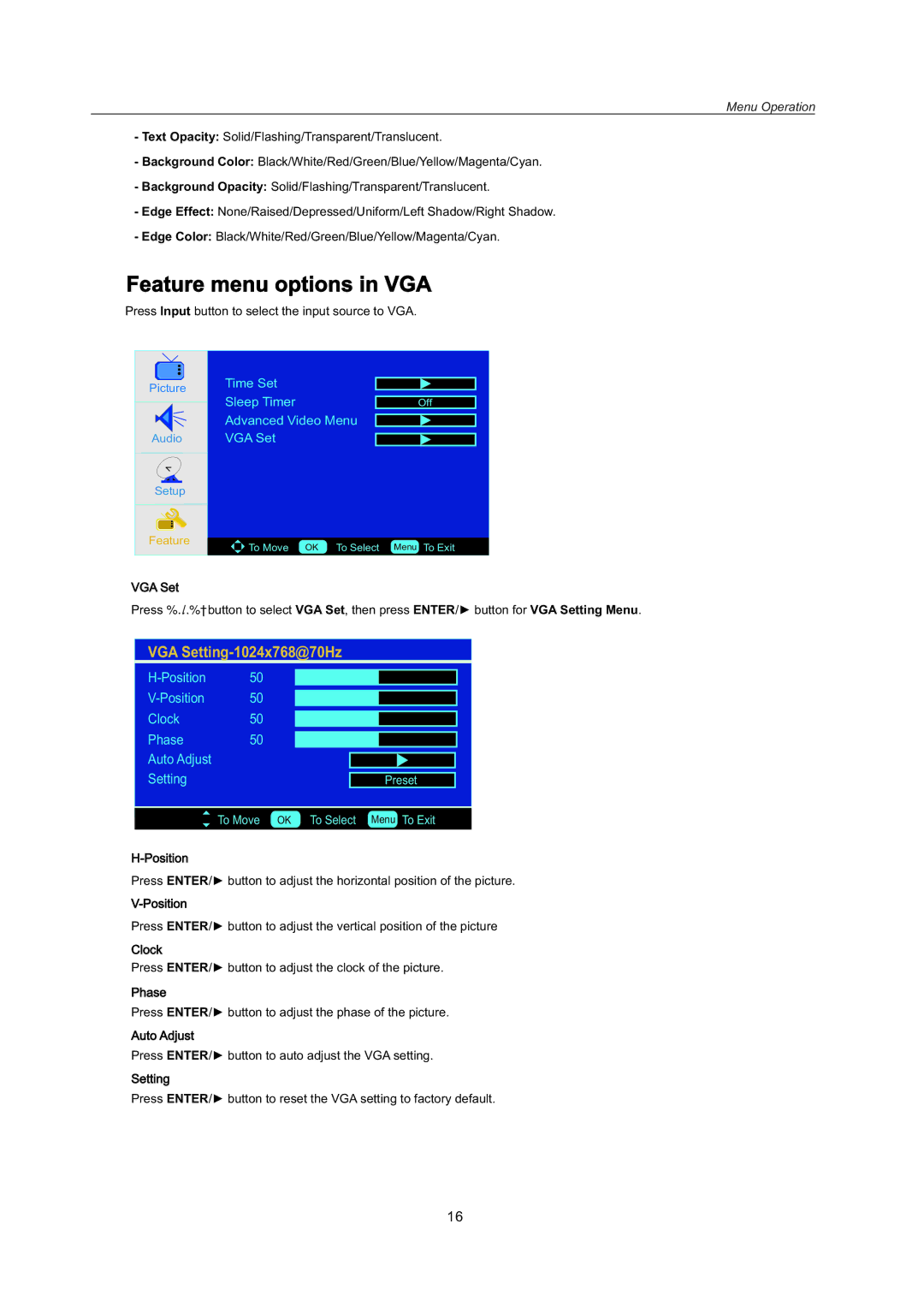 AB Soft LCDVD151A manual Feature menu options in VGA 