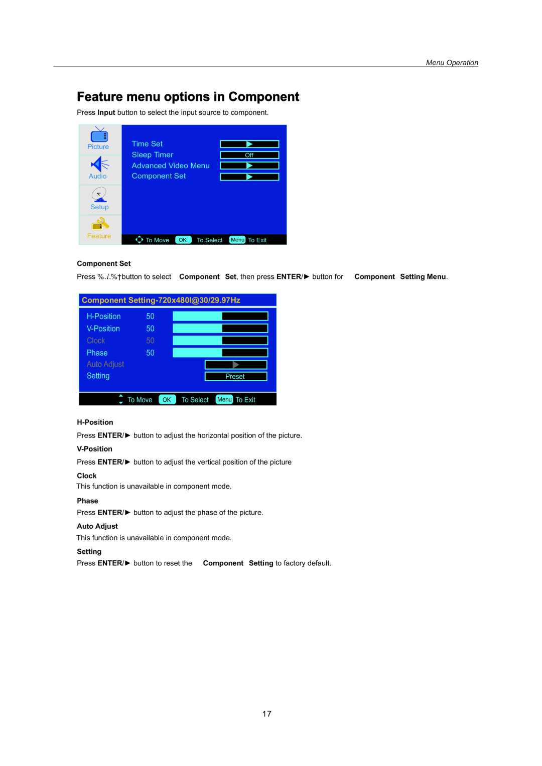 AB Soft LCDVD151A manual Feature menu options in Component, Component Set 