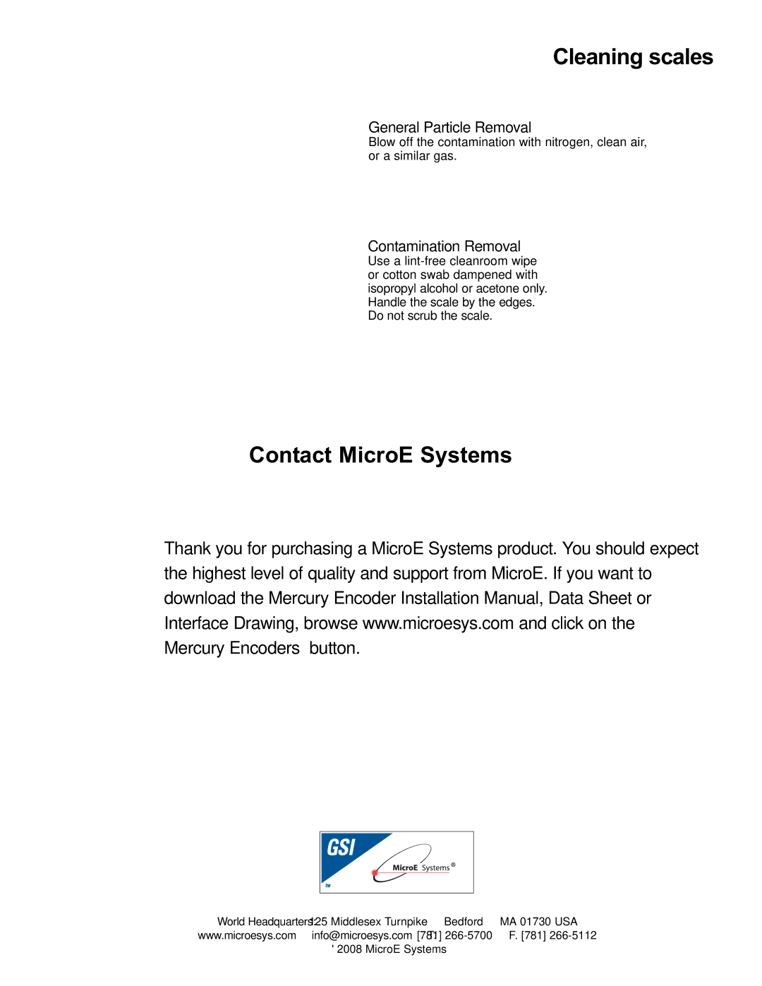 AB Soft Mercury 3000Si manual Cleaning scales, Contact MicroE Systems 