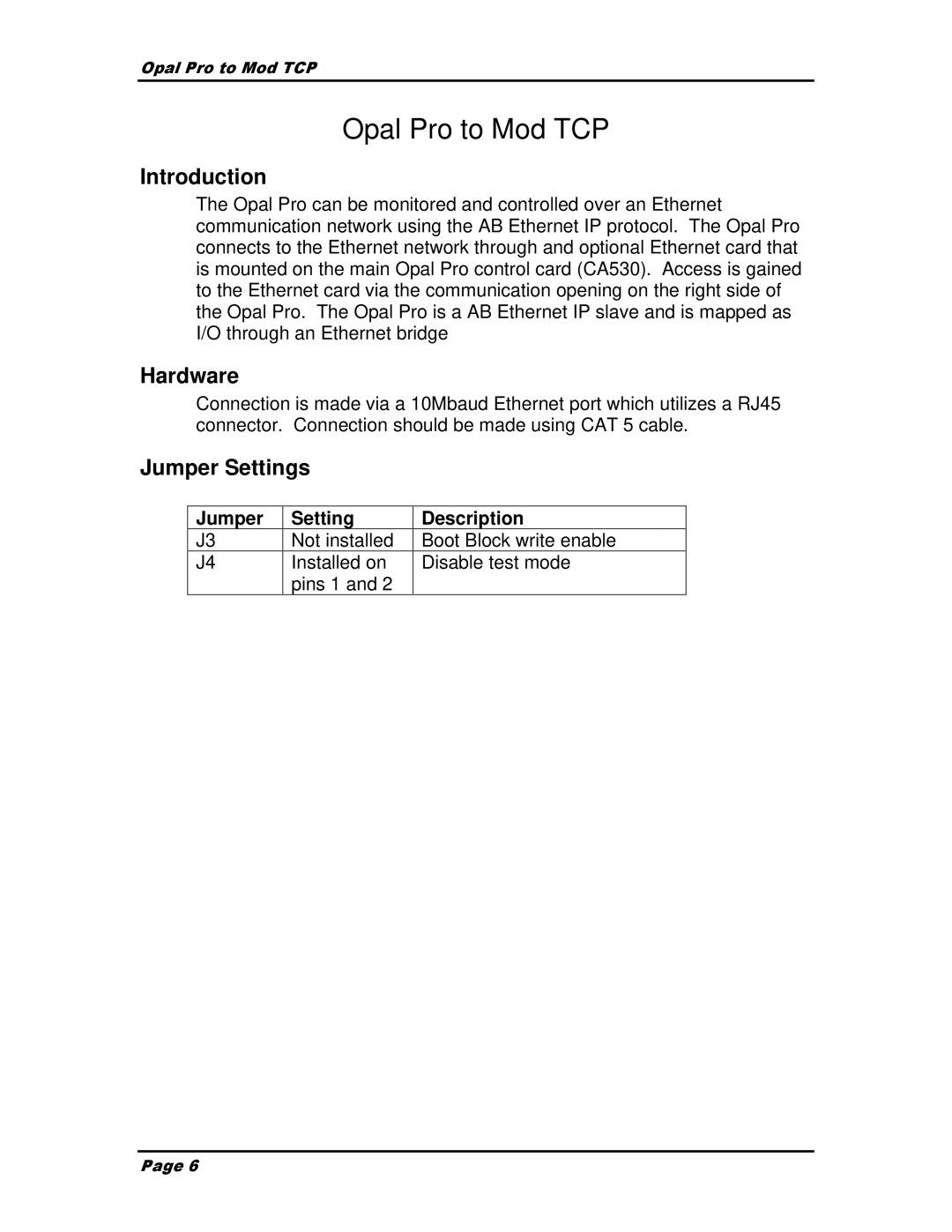 AB Soft MS6 SERIES user manual Introduction, Hardware, Jumper Settings, Jumper Setting Description 