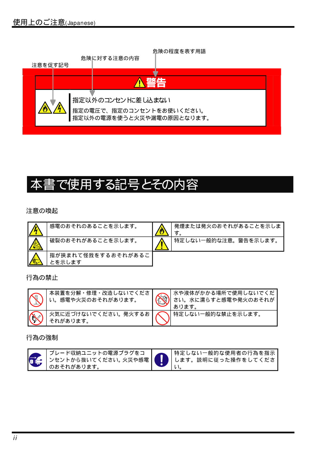 AB Soft N8406-026 manual 本書で使用する記号とその内容, 指定以外のコンセントに差し込まない, 注意の喚起, 行為の禁止, 行為の強制 