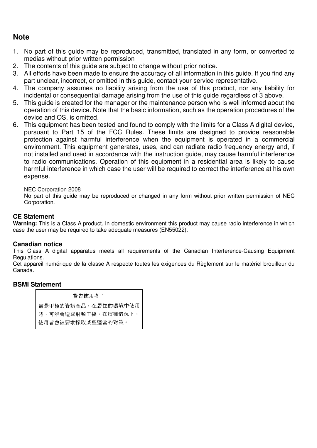 AB Soft N8406-026 manual CE Statement Canadian notice, Bsmi Statement 