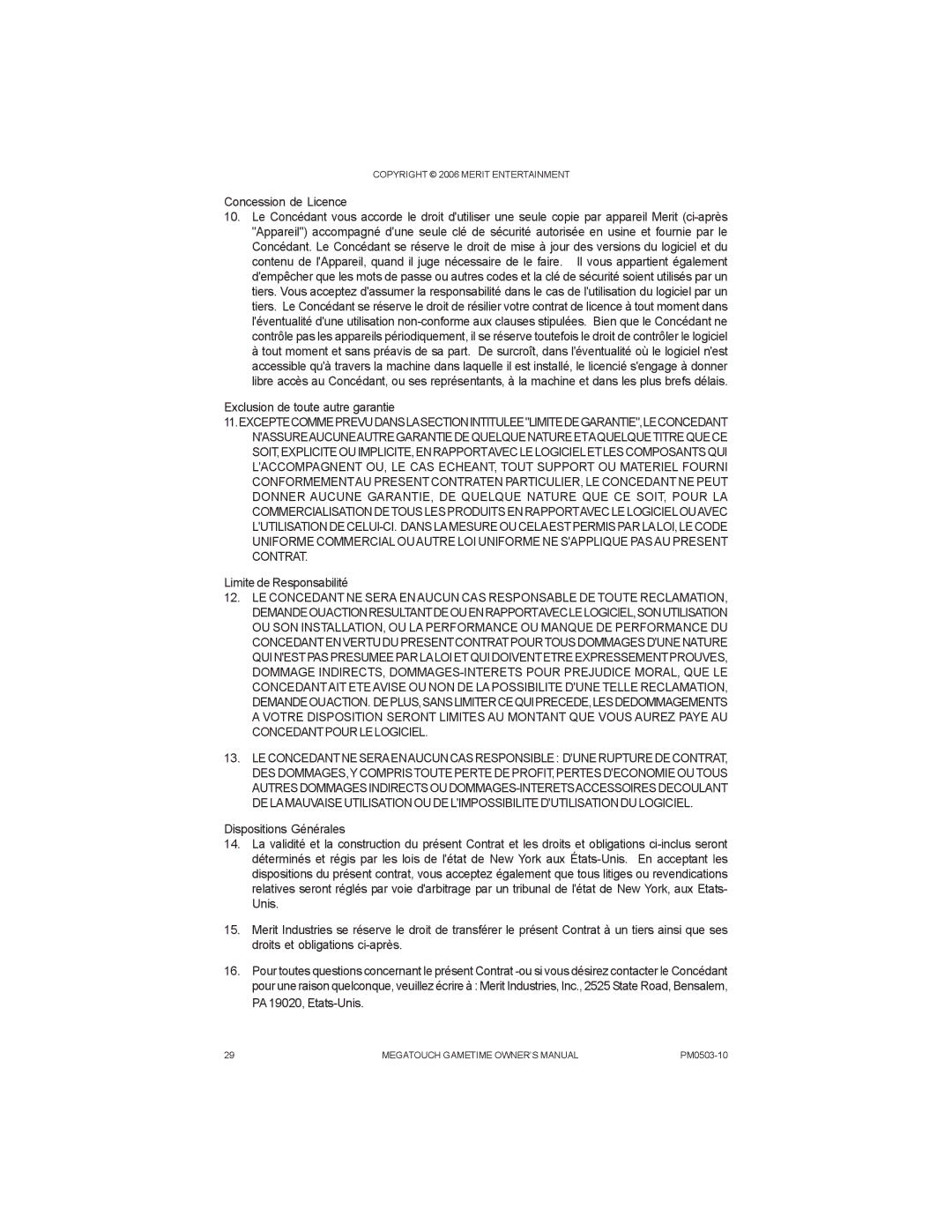 AB Soft PM0503-10 manual Concession de Licence, Exclusion de toute autre garantie, Limite de Responsabilité 