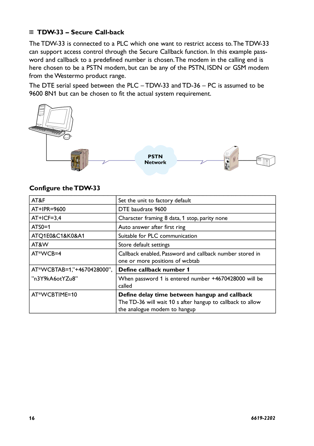 AB Soft manual … TDW-33 Secure Call-back, Configure the TDW-33, AT*WCB=4, Define callback number, AT*WCBTIME=10 