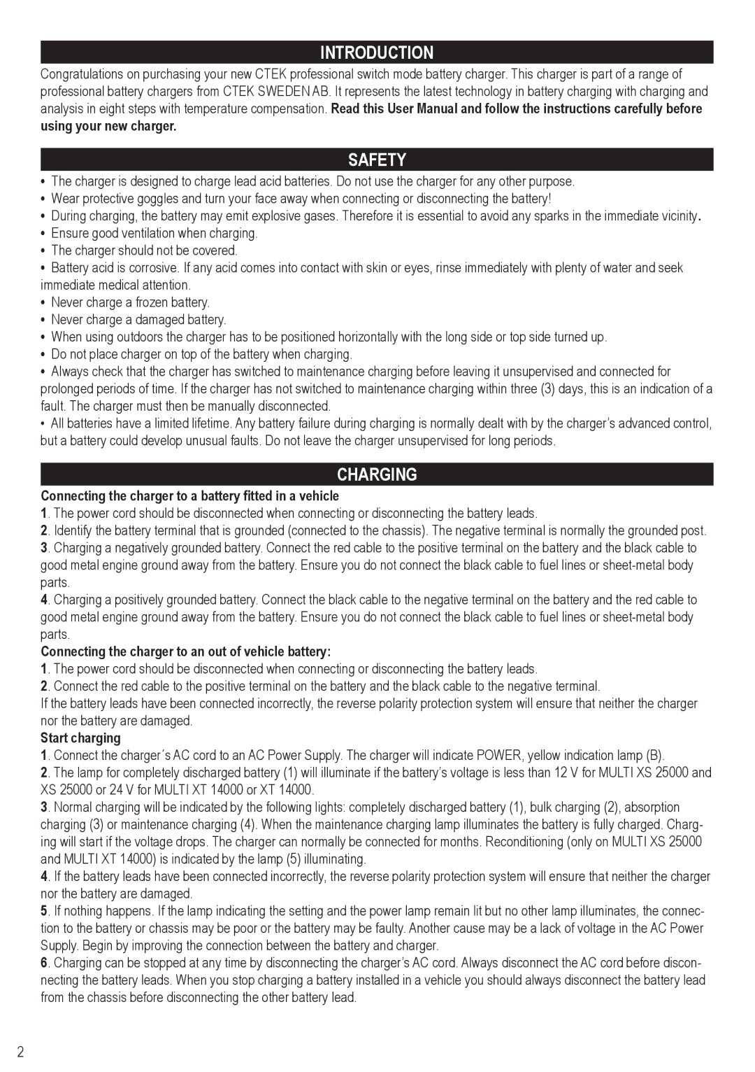 AB Soft XS 25000 Introduction Safety, Charging, Connecting the charger to a battery ﬁtted in a vehicle, Start charging 