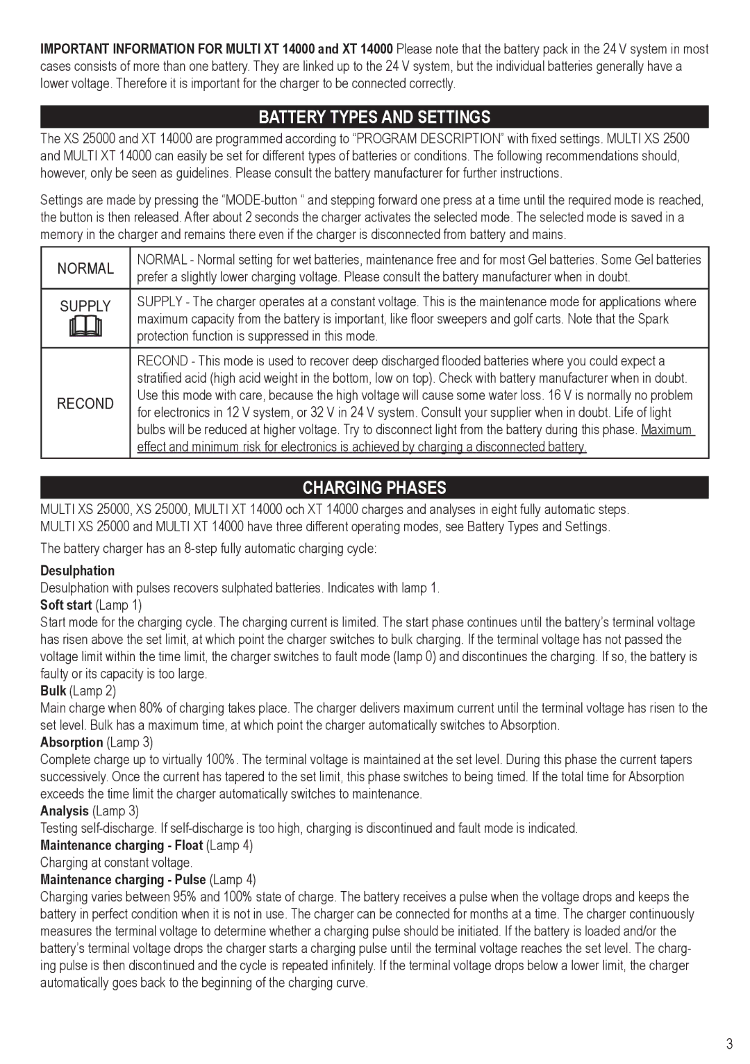 AB Soft XT 14000, XS 25000 user manual Battery Types and Settings, Charging Phases 