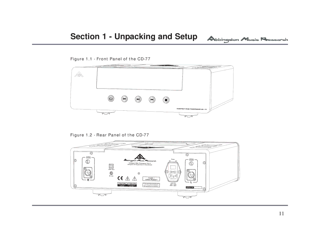 Abbingdon Music Research owner manual Front Panel of the CD-77 