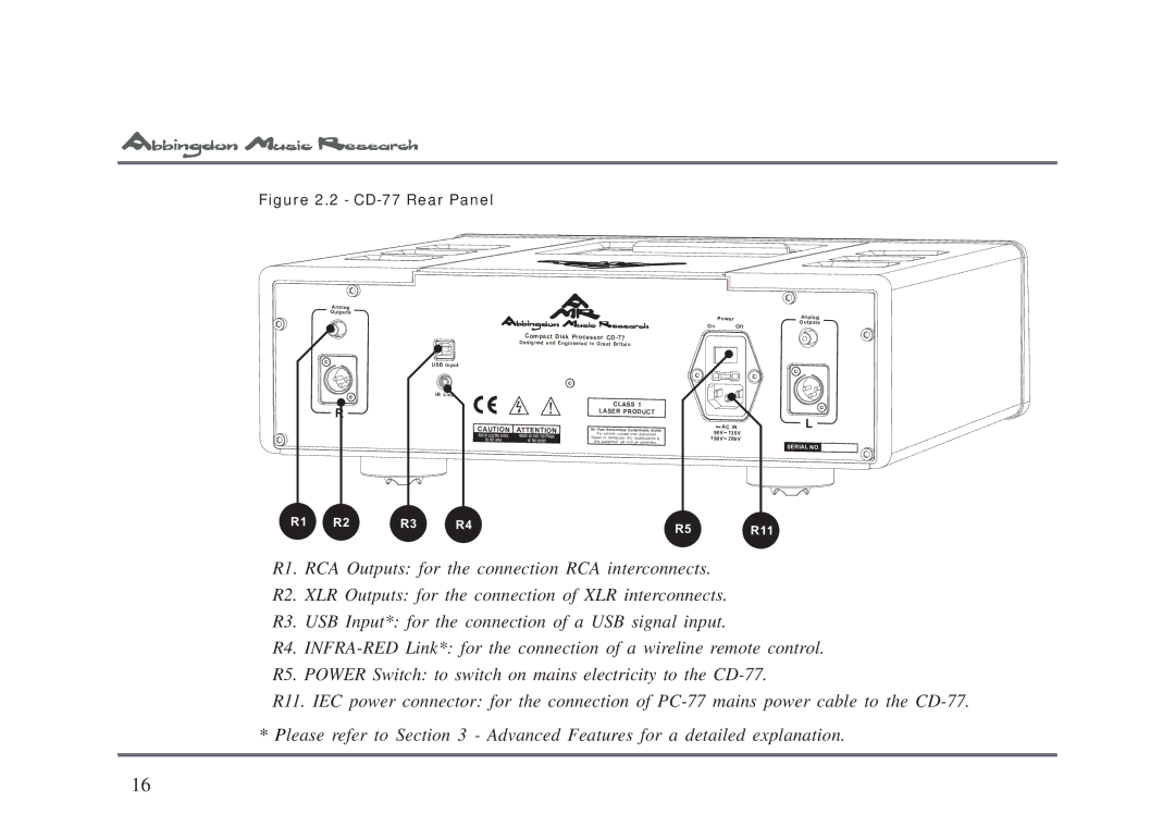 Abbingdon Music Research owner manual CD-77 Rear Panel 