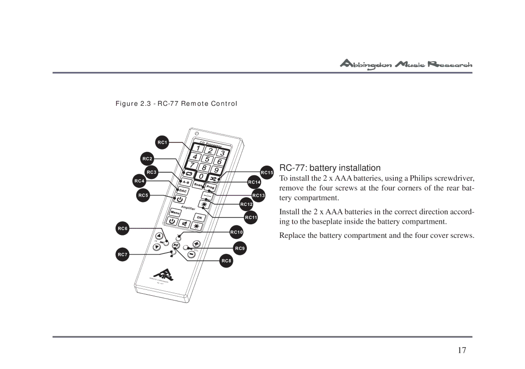 Abbingdon Music Research CD-77 owner manual RC-77 battery installation, RC-77 Remote Control 