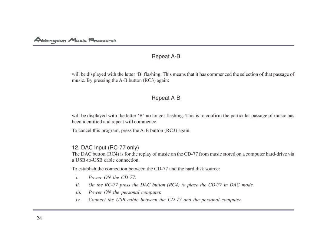 Abbingdon Music Research CD-77 owner manual Repeat A-B, DAC Input RC-77 only 