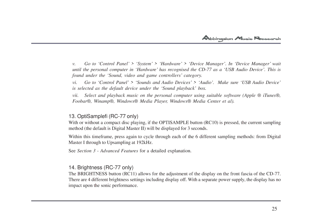 Abbingdon Music Research CD-77 owner manual OptiSample RC-77 only, Brightness RC-77 only 