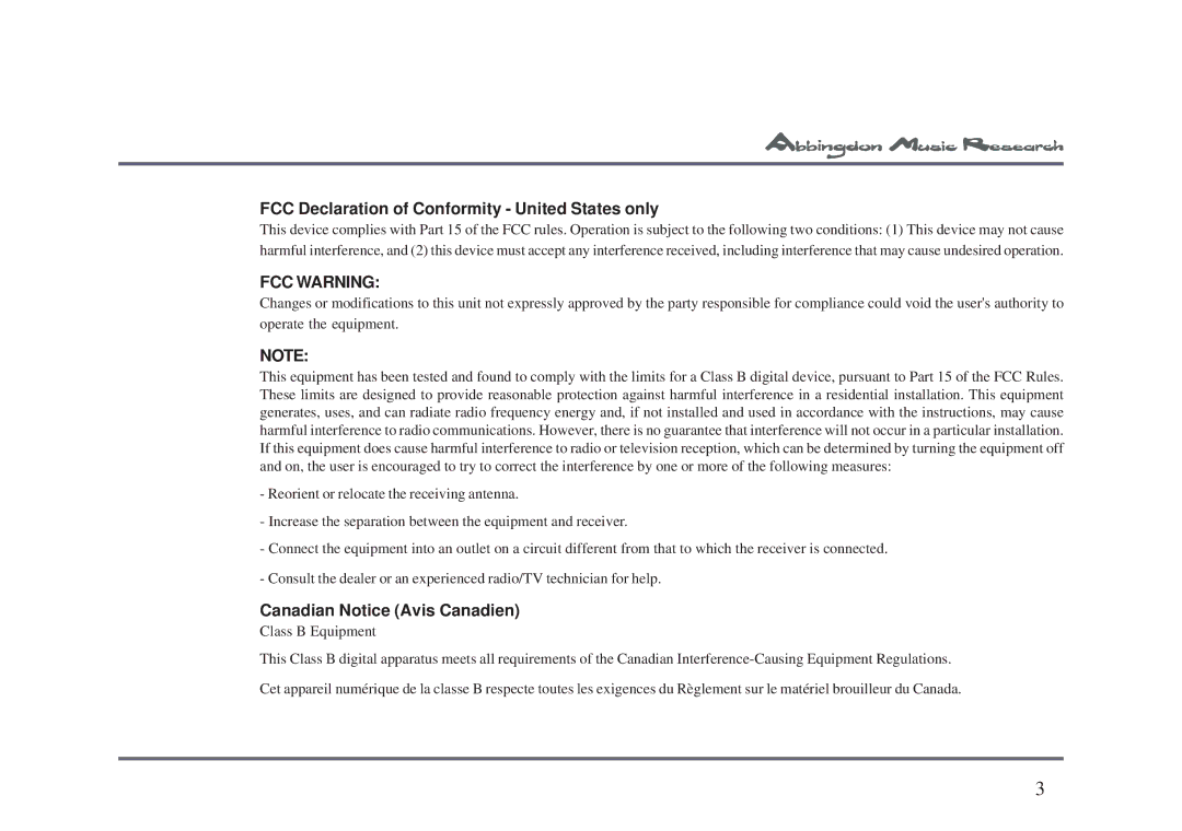 Abbingdon Music Research CD-77 owner manual FCC Warning 