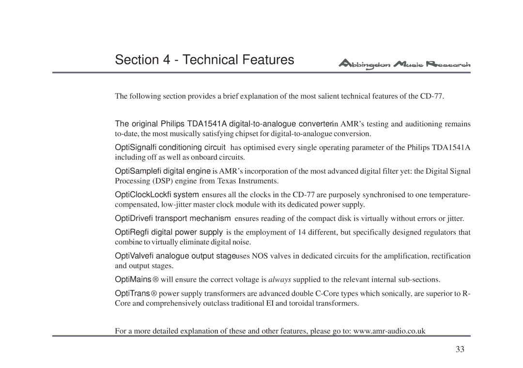 Abbingdon Music Research CD-77 owner manual Technical Features 